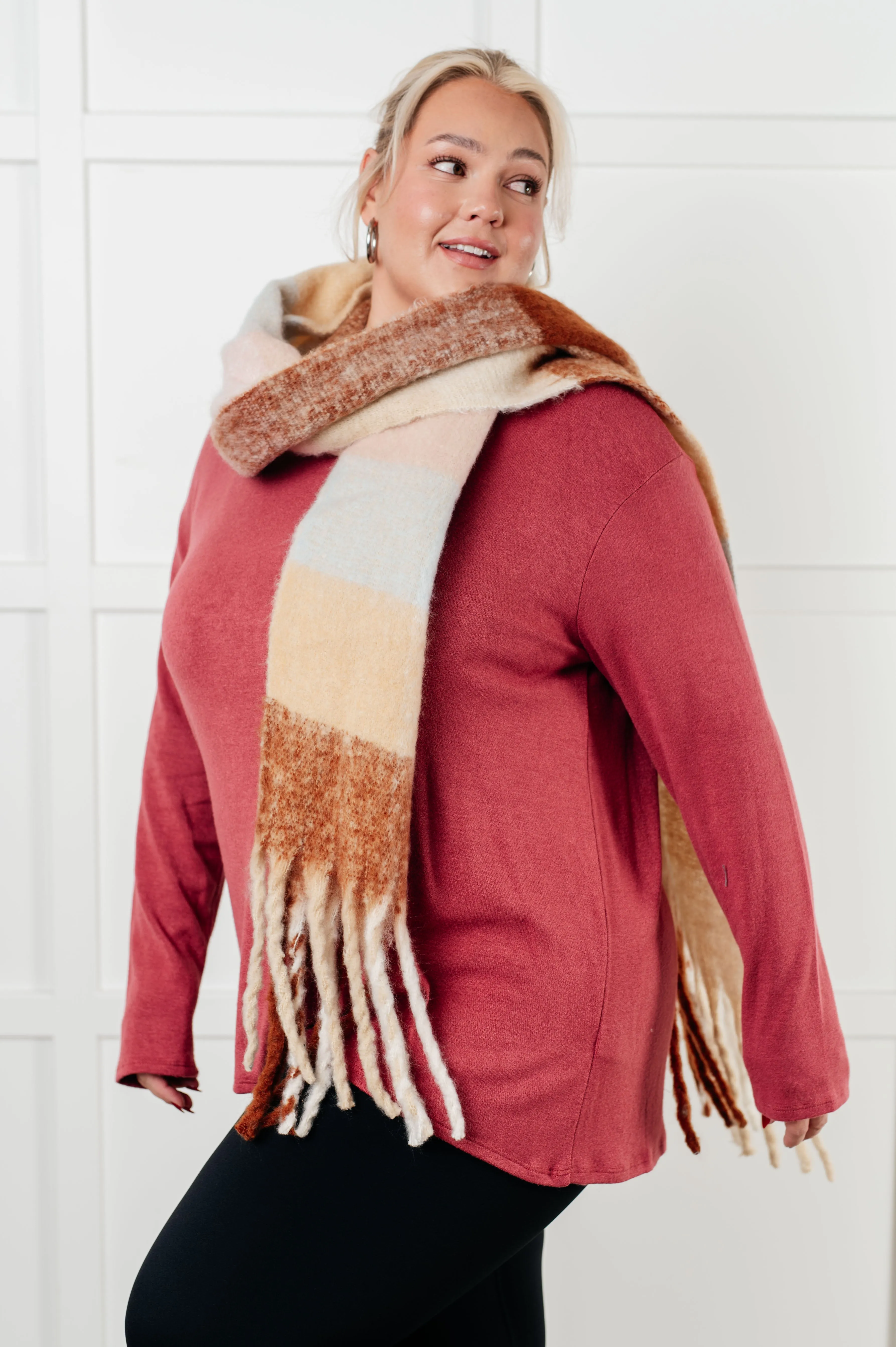 Oversized Plaid Fringe Scarf - Light Brown