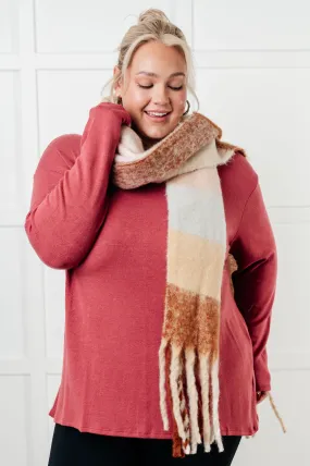 Oversized Plaid Fringe Scarf - Light Brown