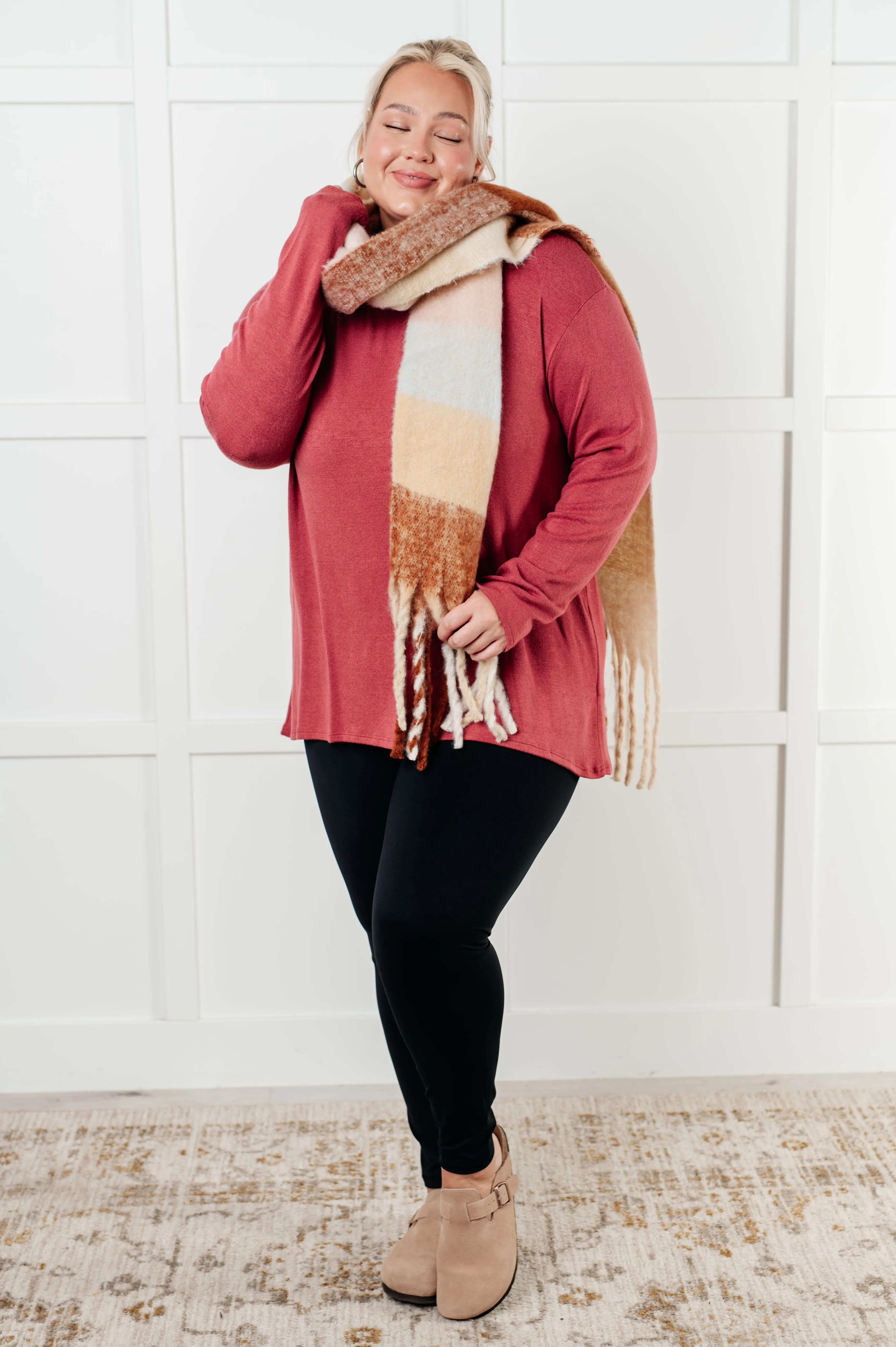 Oversized Plaid Fringe Scarf - Light Brown
