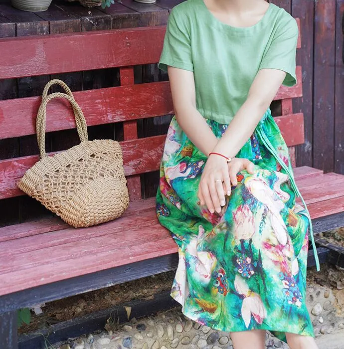 Patchwork Green Women Dresses Ramie Casual  Linen Women Dresses Short Sleeve SSM97215