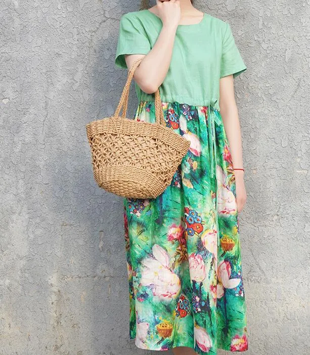 Patchwork Green Women Dresses Ramie Casual  Linen Women Dresses Short Sleeve SSM97215