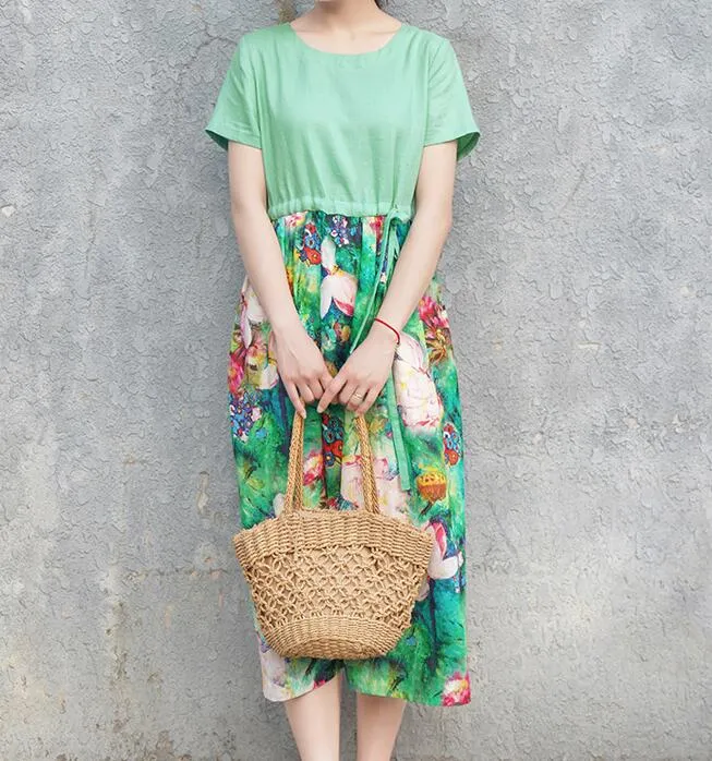 Patchwork Green Women Dresses Ramie Casual  Linen Women Dresses Short Sleeve SSM97215