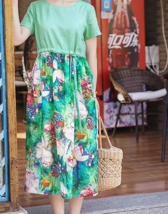 Patchwork Green Women Dresses Ramie Casual  Linen Women Dresses Short Sleeve SSM97215
