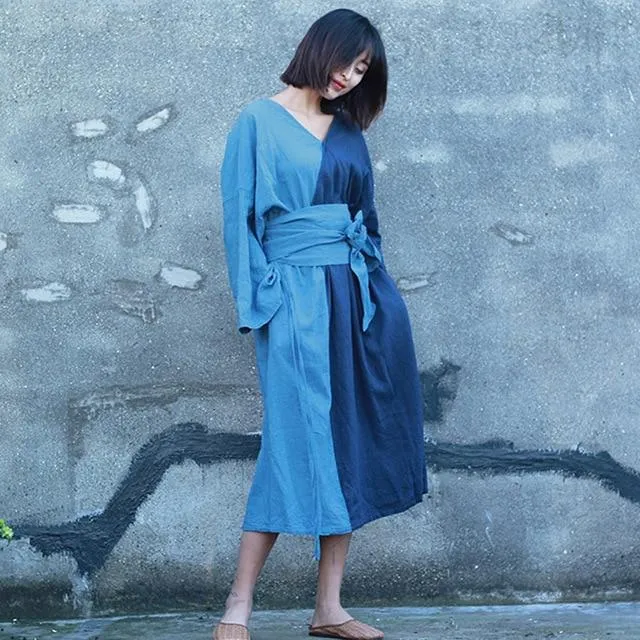 Peace Blue Patchwork Ramie Dress | Zen
