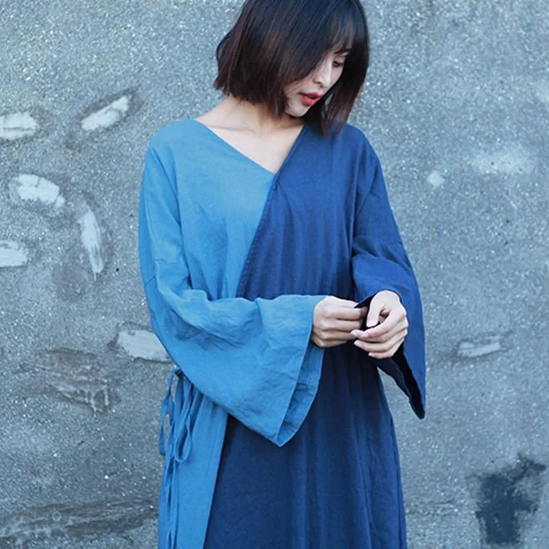 Peace Blue Patchwork Ramie Dress | Zen