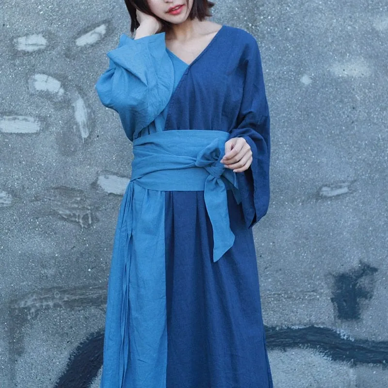 Peace Blue Patchwork Ramie Dress | Zen