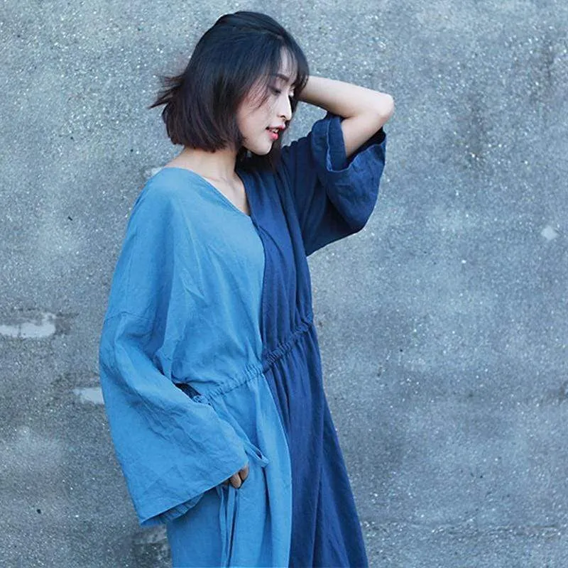 Peace Blue Patchwork Ramie Dress | Zen