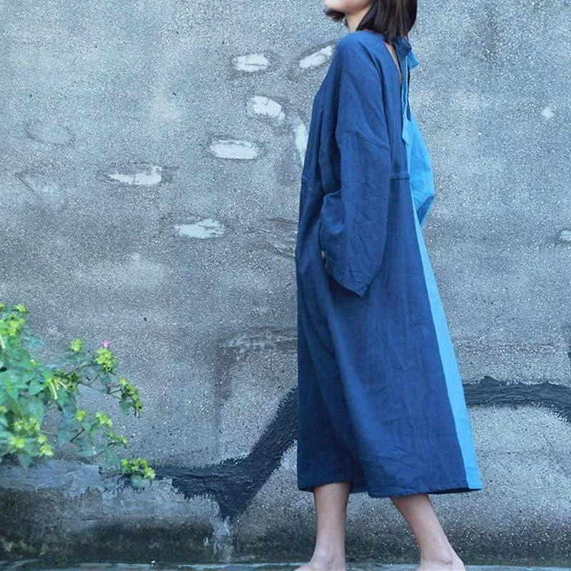 Peace Blue Patchwork Ramie Dress | Zen