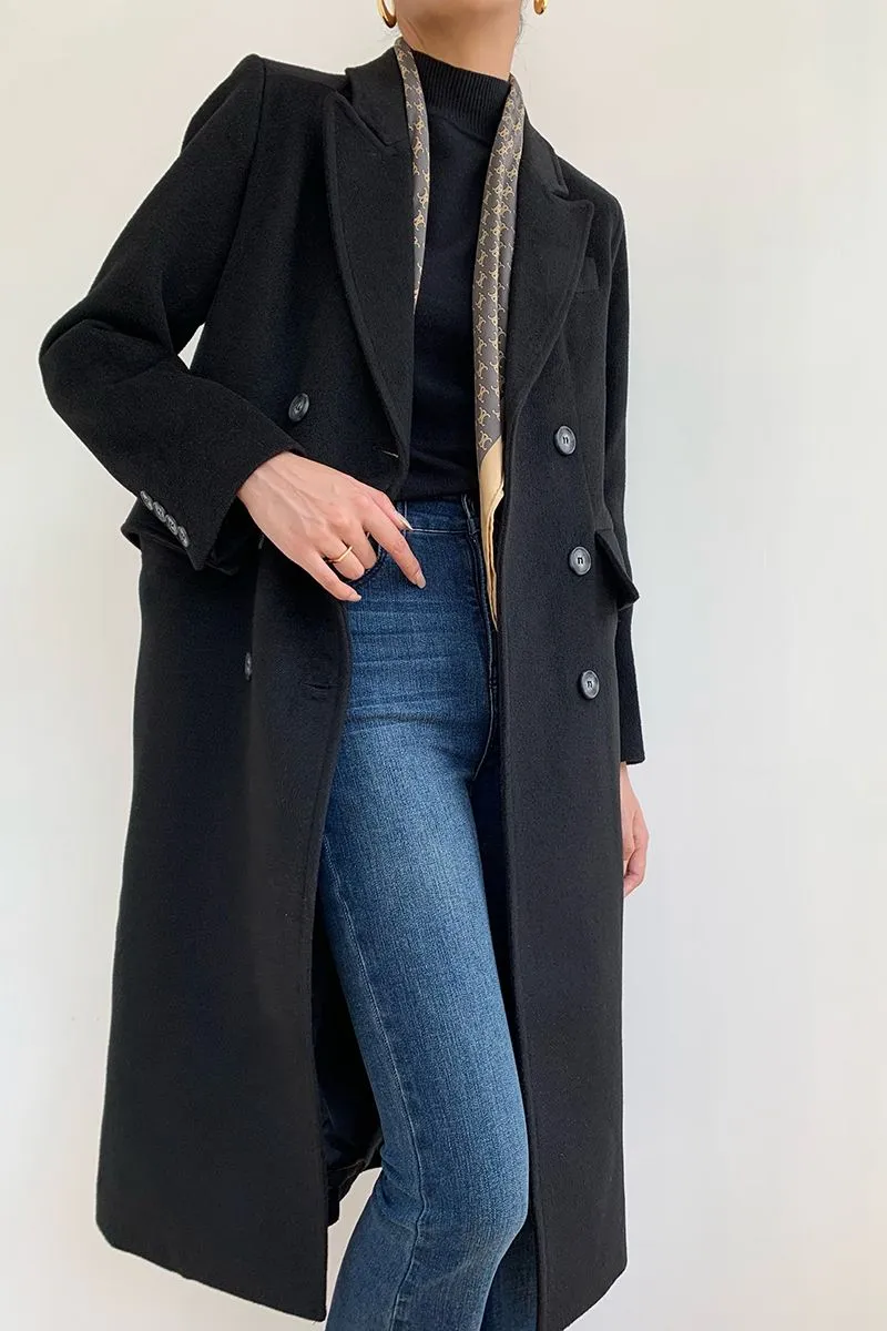 Peak Lapel Double Breasted Wool Blend Coat