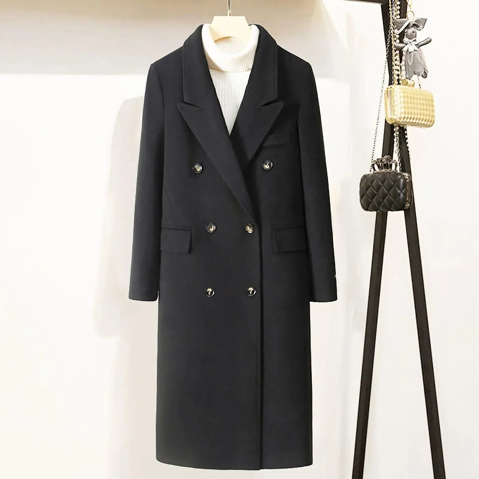 Peak Lapel Double Breasted Wool Blend Coat