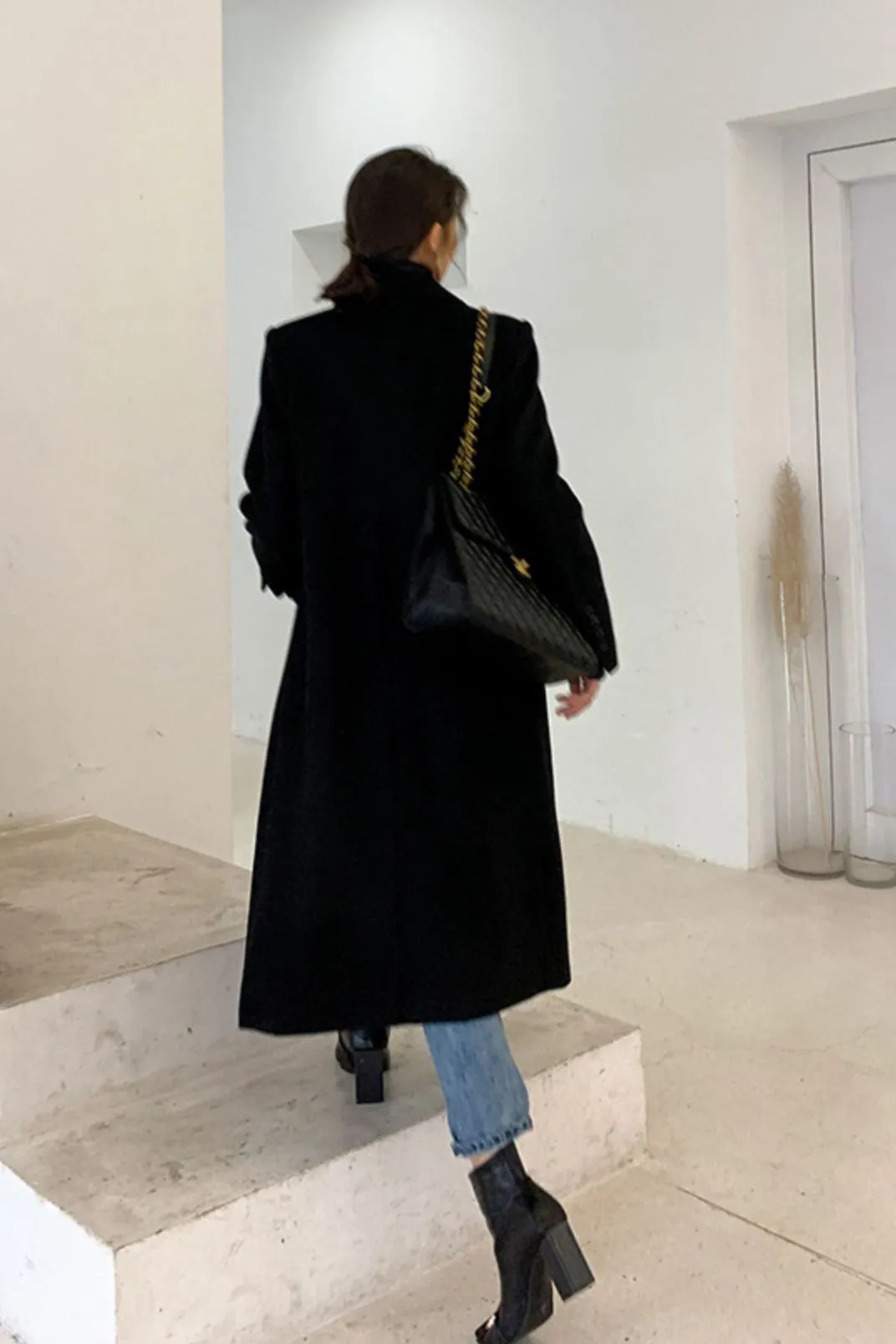 Peak Lapel Double Breasted Wool Blend Coat
