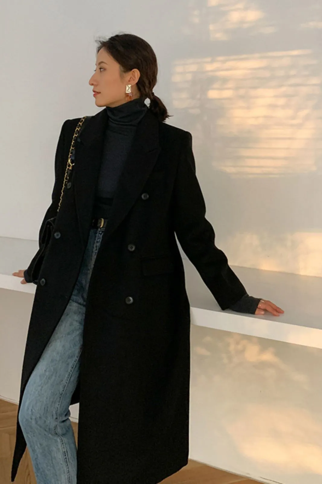 Peak Lapel Double Breasted Wool Blend Coat