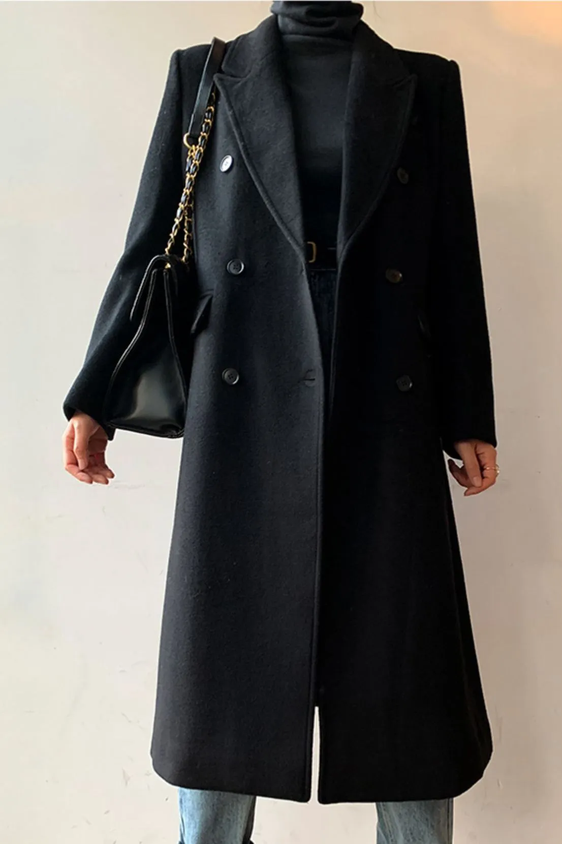 Peak Lapel Double Breasted Wool Blend Coat