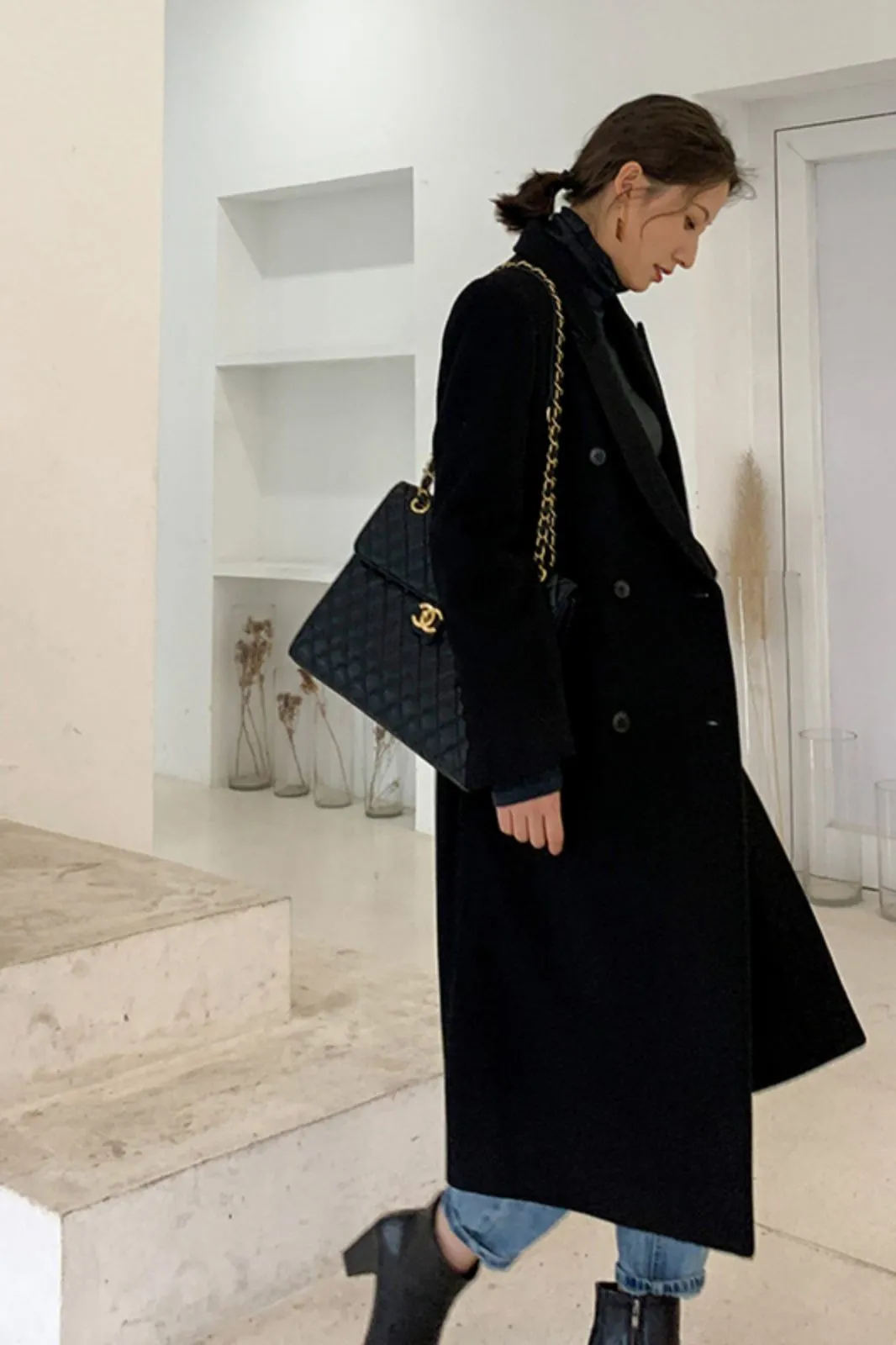 Peak Lapel Double Breasted Wool Blend Coat
