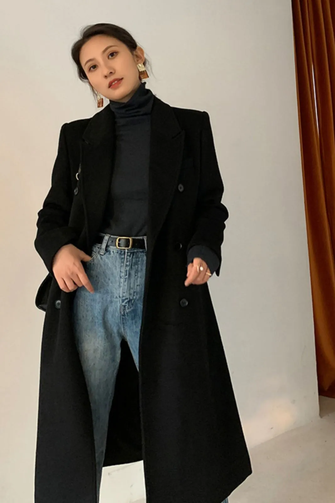 Peak Lapel Double Breasted Wool Blend Coat