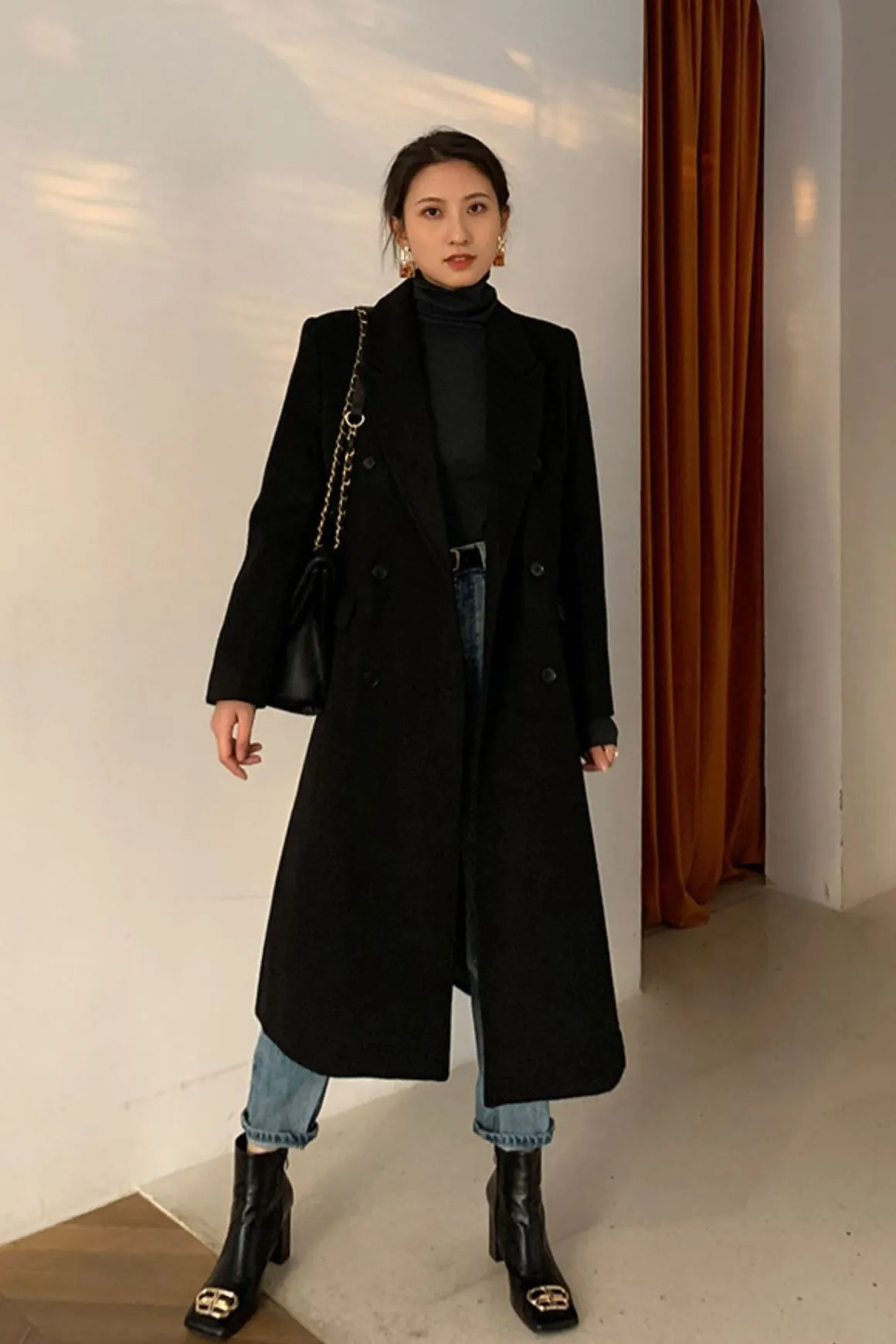 Peak Lapel Double Breasted Wool Blend Coat