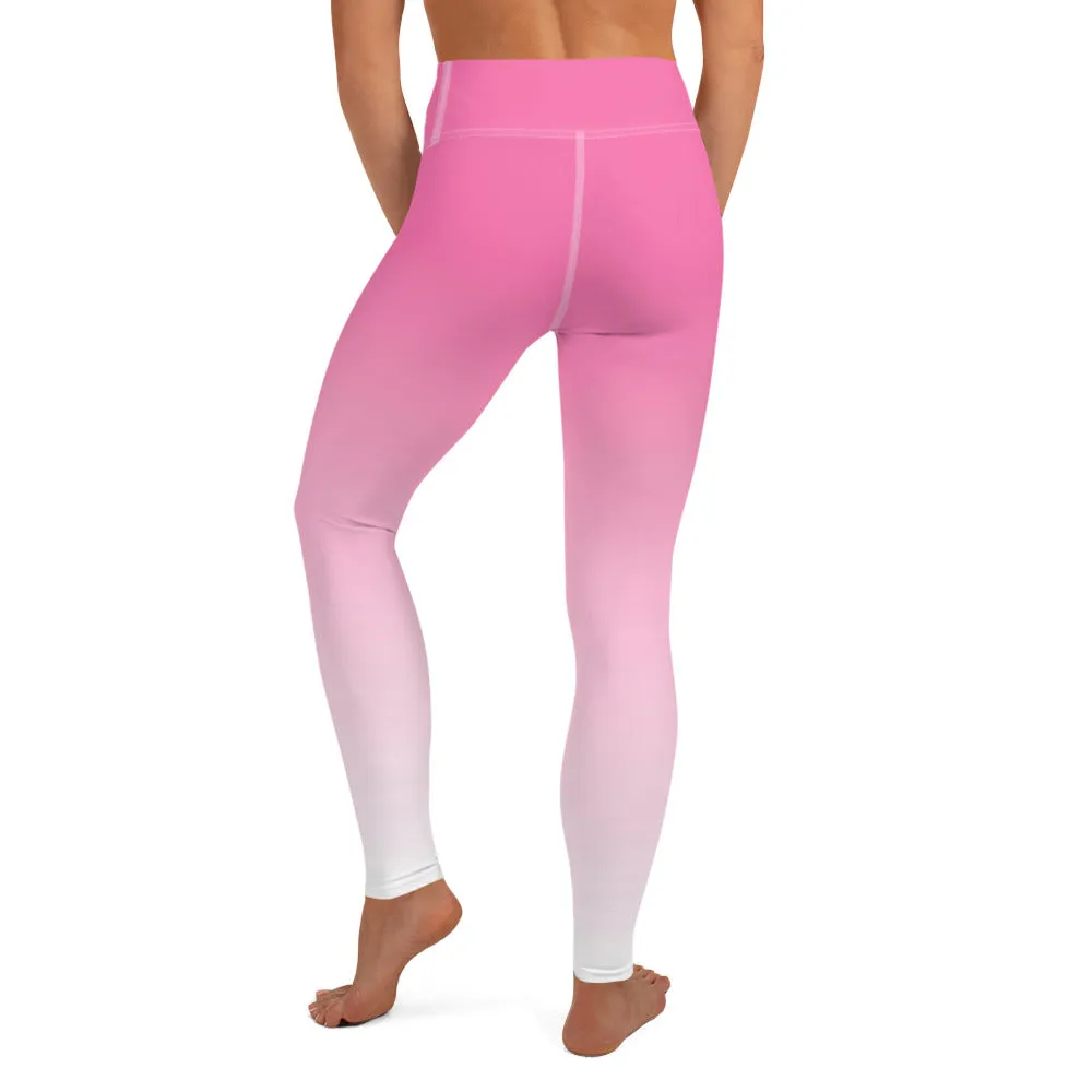 Pink and White Ombre Yoga Leggings Women, Gradient Tie Dye High Waisted Pants Cute Printed Workout Running Gym Designer Tights