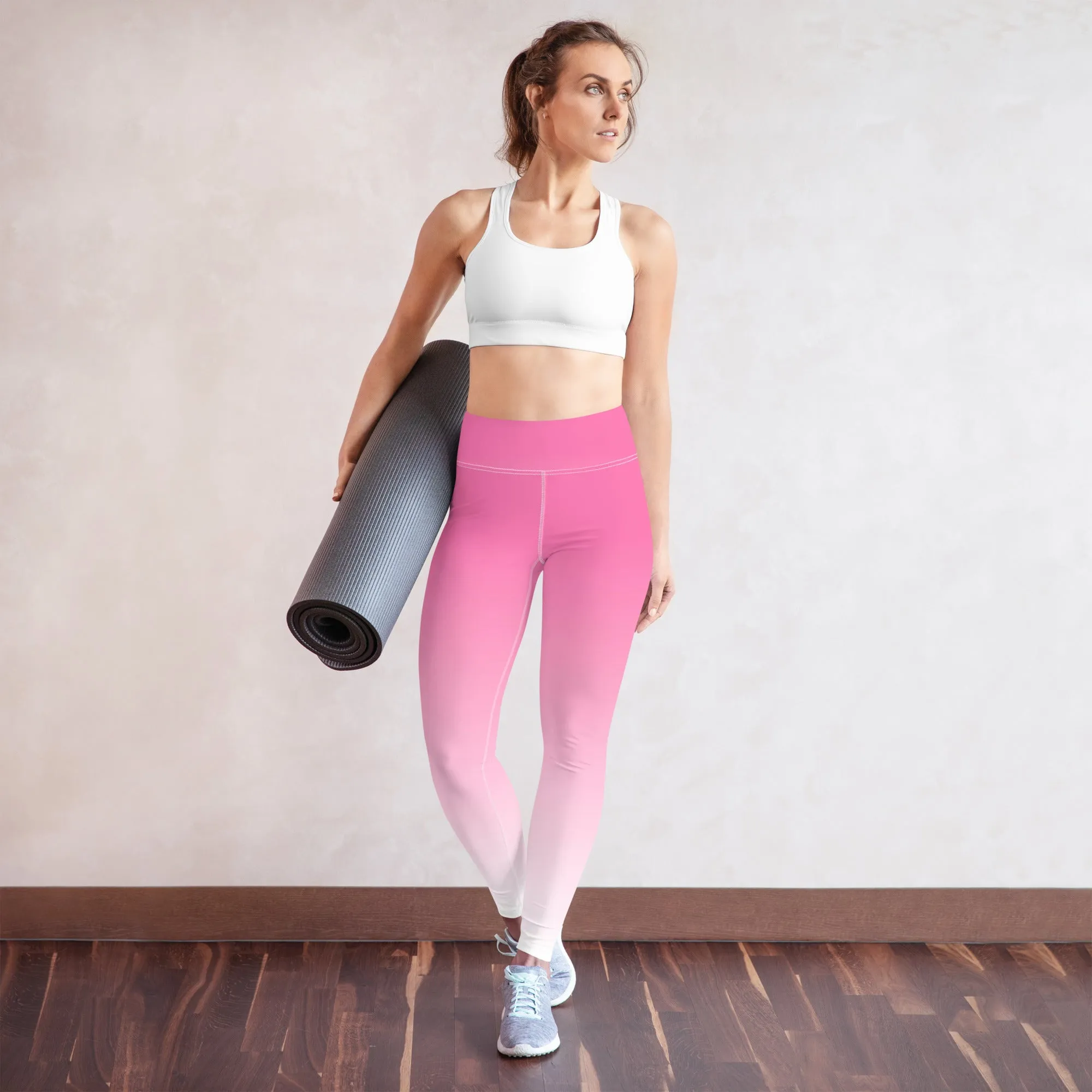 Pink and White Ombre Yoga Leggings Women, Gradient Tie Dye High Waisted Pants Cute Printed Workout Running Gym Designer Tights