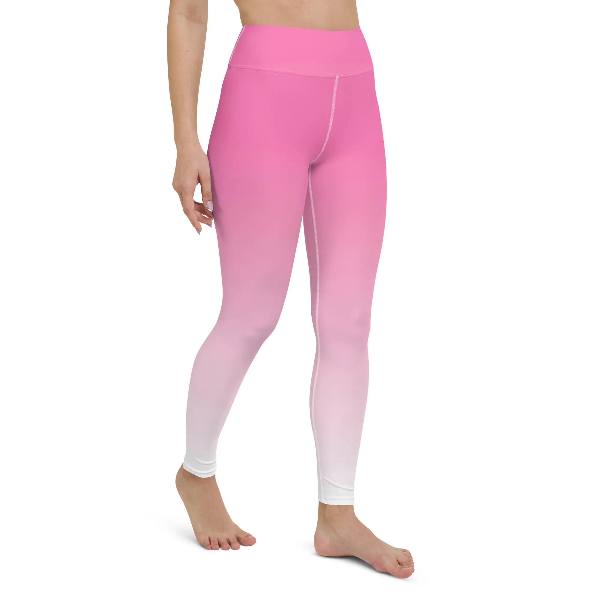 Pink and White Ombre Yoga Leggings Women, Gradient Tie Dye High Waisted Pants Cute Printed Workout Running Gym Designer Tights