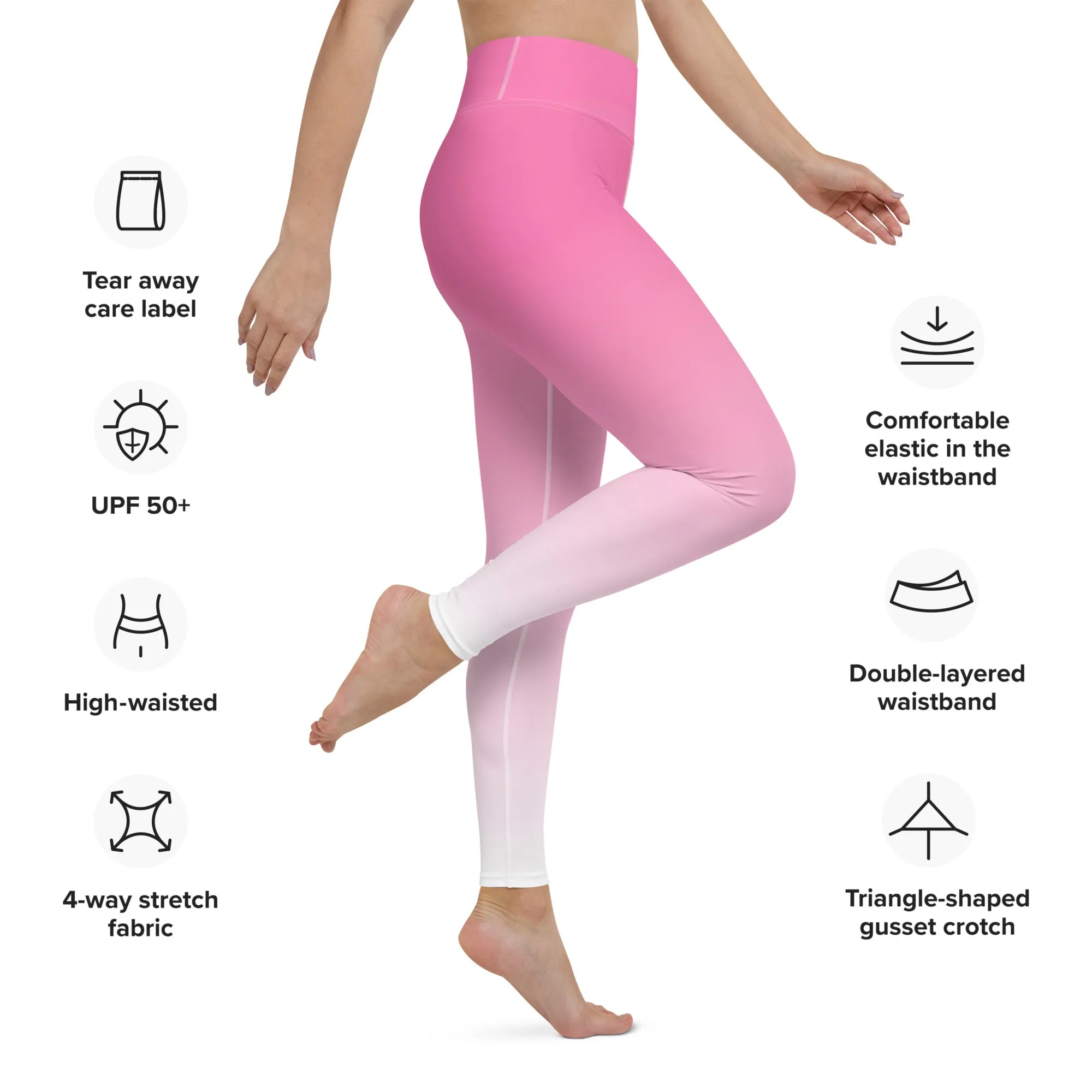 Pink and White Ombre Yoga Leggings Women, Gradient Tie Dye High Waisted Pants Cute Printed Workout Running Gym Designer Tights
