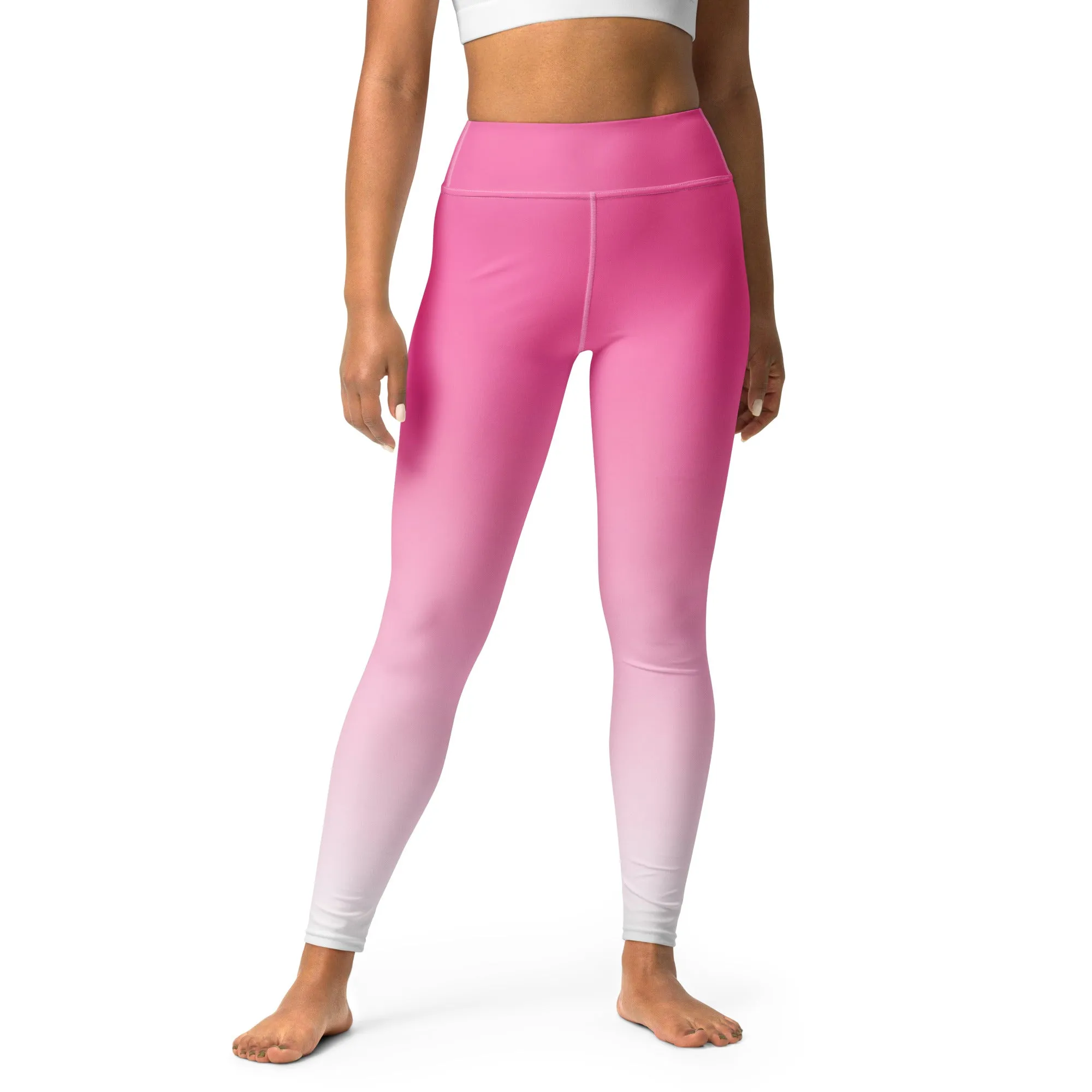 Pink and White Ombre Yoga Leggings Women, Gradient Tie Dye High Waisted Pants Cute Printed Workout Running Gym Designer Tights
