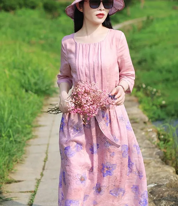 Pink Patchwork Women Dresses Ramie Casual Spring Linen Women Dresses Half Sleeve SSM97215