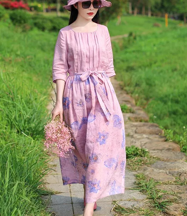 Pink Patchwork Women Dresses Ramie Casual Spring Linen Women Dresses Half Sleeve SSM97215