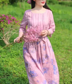 Pink Patchwork Women Dresses Ramie Casual Spring Linen Women Dresses Half Sleeve SSM97215
