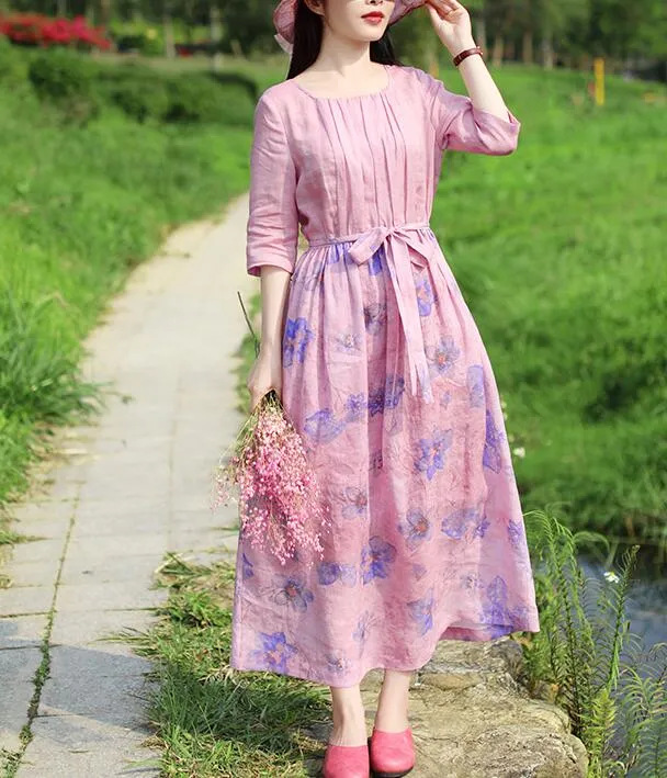 Pink Patchwork Women Dresses Ramie Casual Spring Linen Women Dresses Half Sleeve SSM97215
