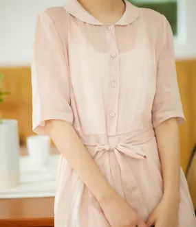 Pink Women Dresses Ramie Casual Summer Buttons Linen Shirts Women Dresses SSM97215