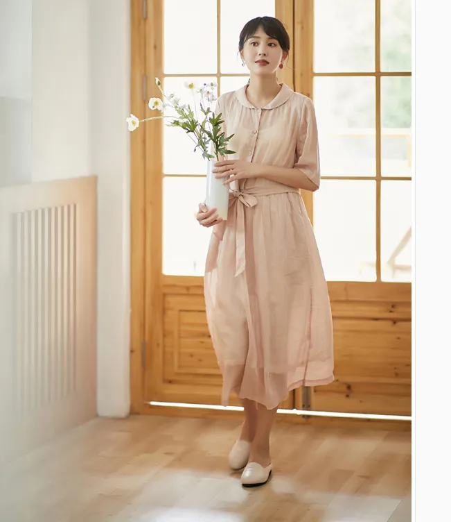 Pink Women Dresses Ramie Casual Summer Buttons Linen Shirts Women Dresses SSM97215