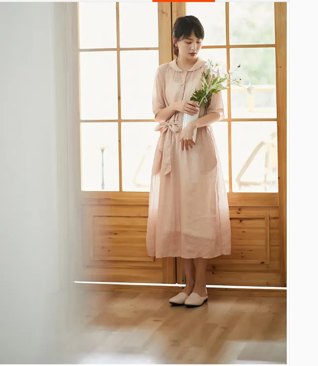 Pink Women Dresses Ramie Casual Summer Buttons Linen Shirts Women Dresses SSM97215