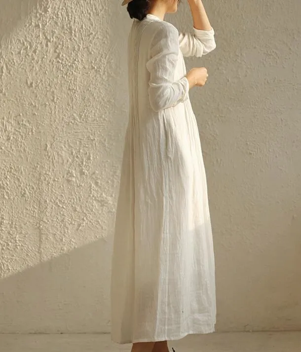 Pleated Women Dresses Ramie Casual Spring Linen Women Dresses SSM97215