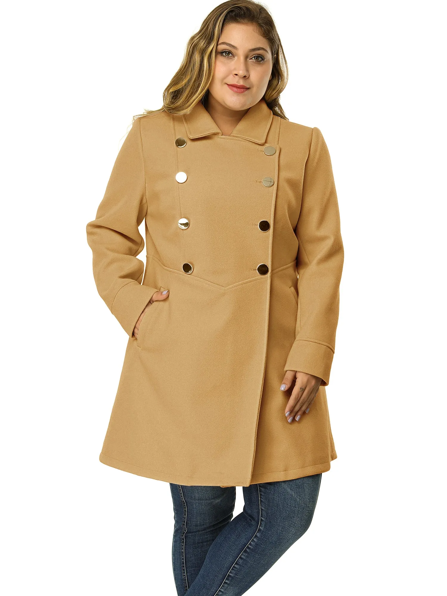 Plus Size A Line Turn Down Collar Double Breasted Coat