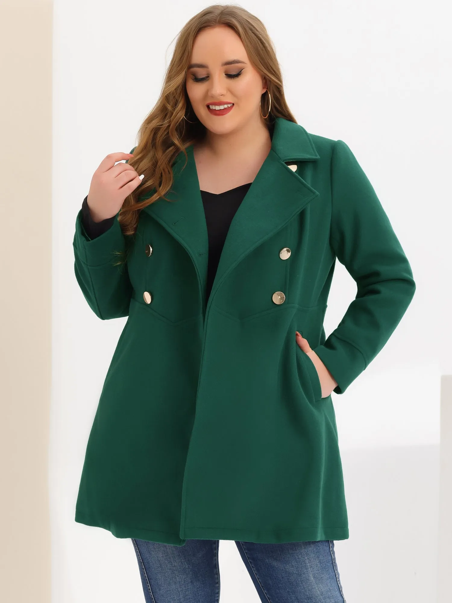 Plus Size A Line Turn Down Collar Double Breasted Coat
