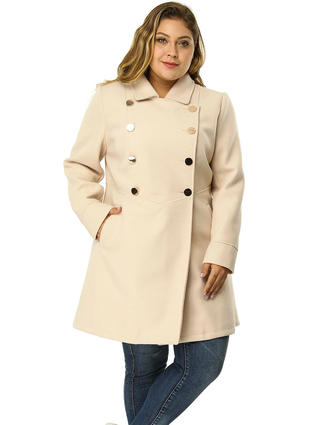 Plus Size A Line Turn Down Collar Double Breasted Coat