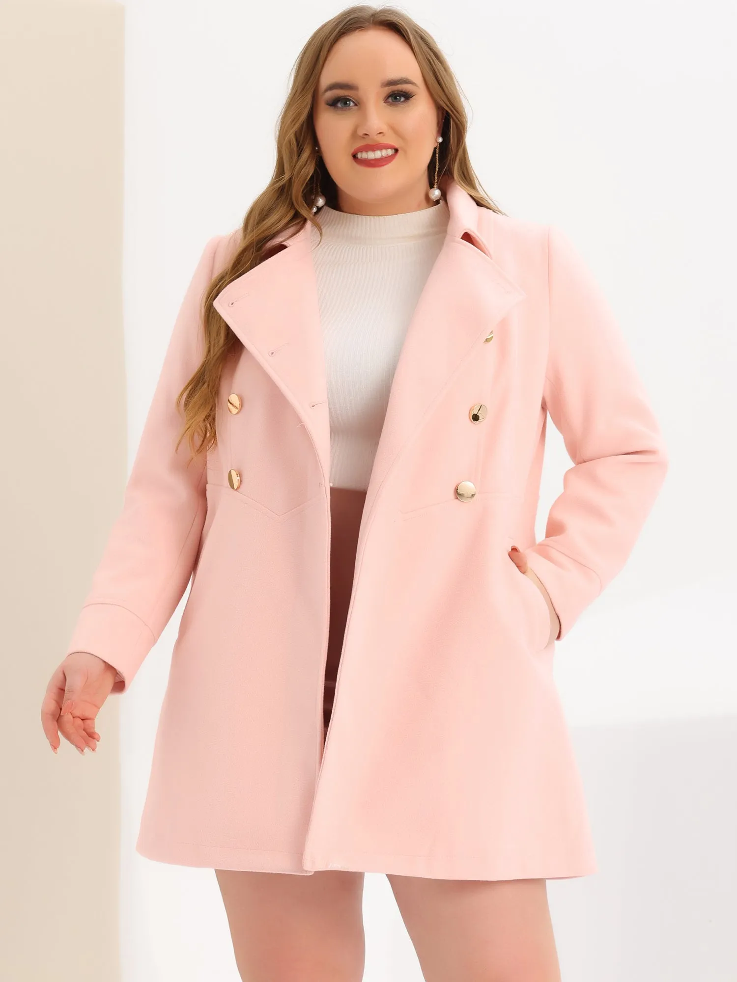 Plus Size A Line Turn Down Collar Double Breasted Coat