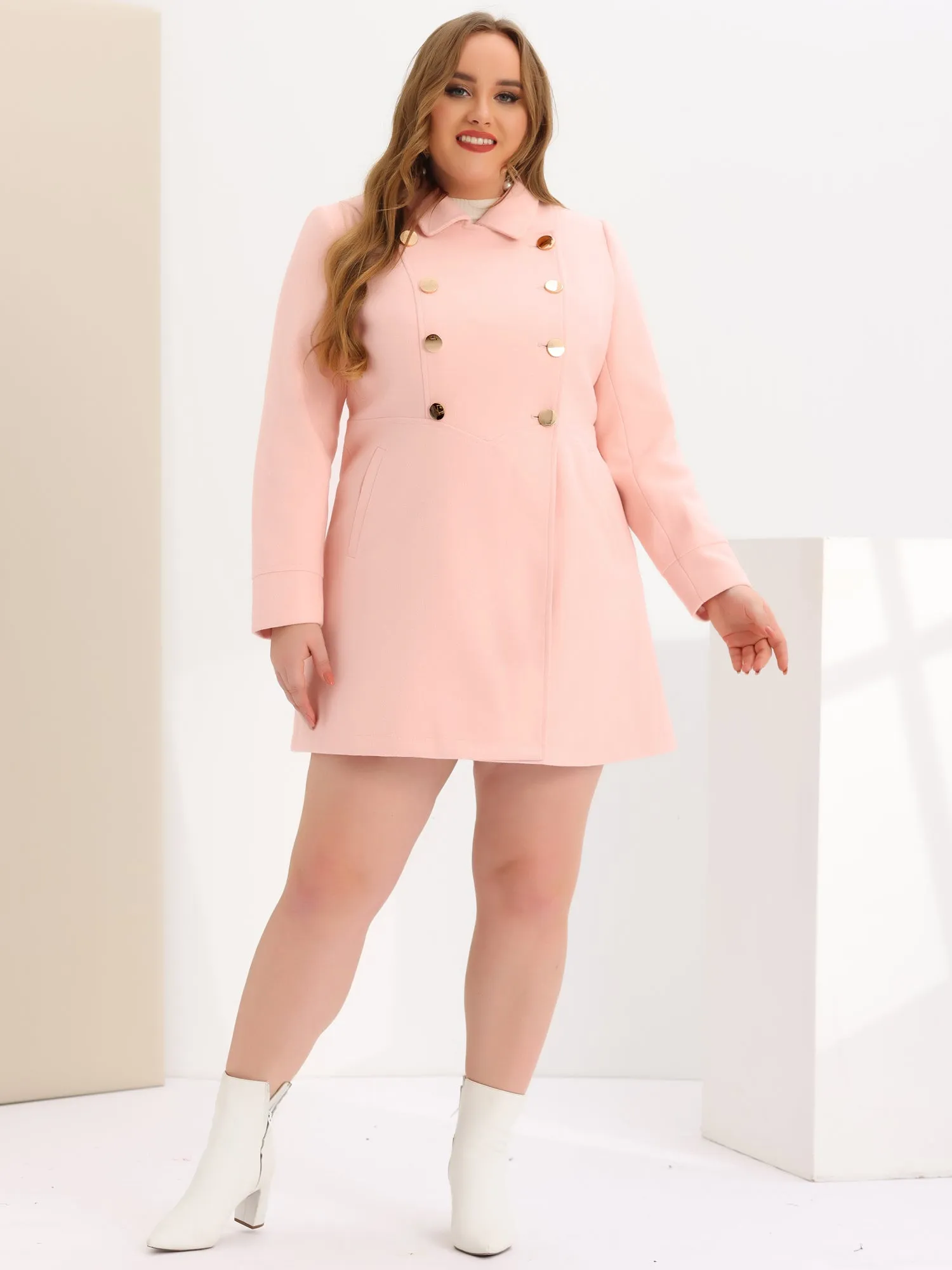 Plus Size A Line Turn Down Collar Double Breasted Coat