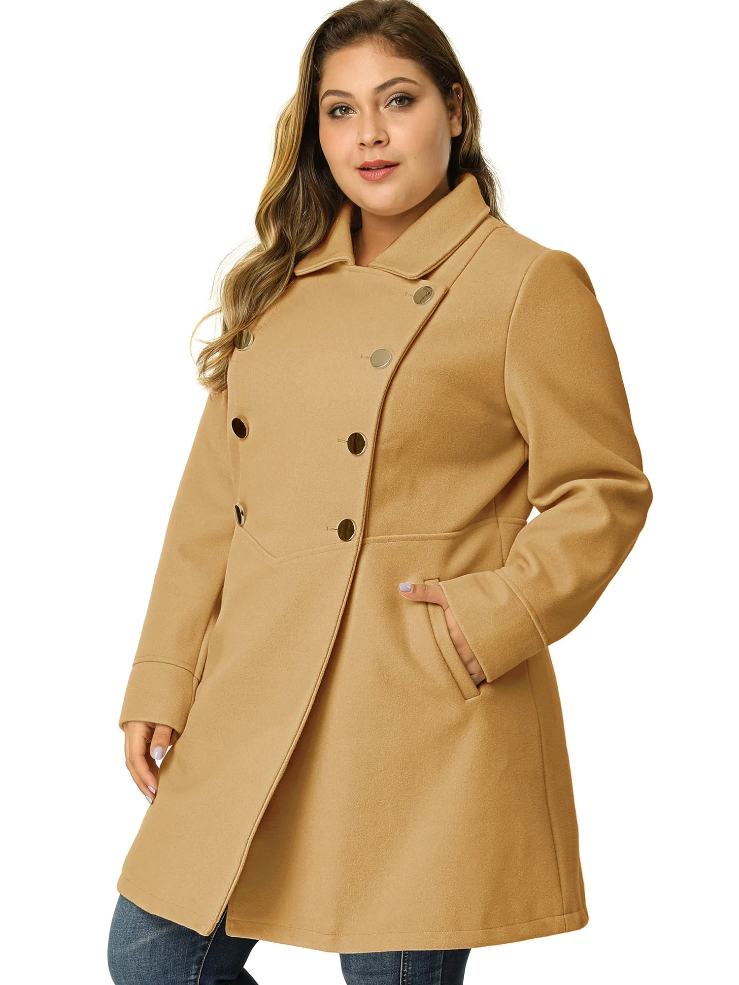Plus Size A Line Turn Down Collar Double Breasted Coat