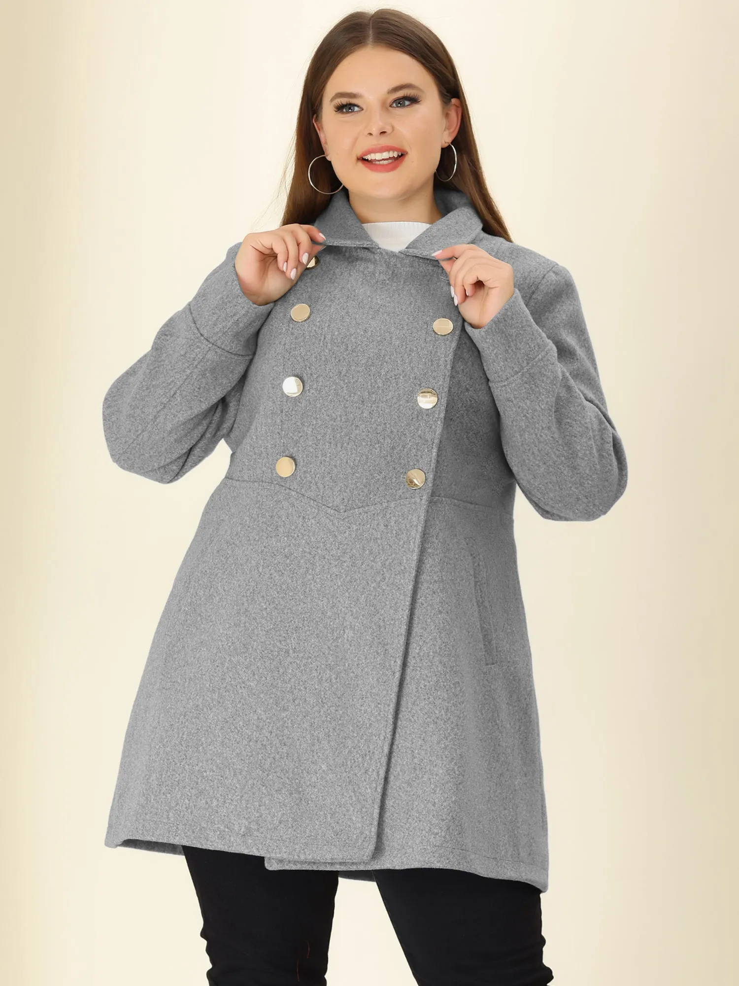 Plus Size A Line Turn Down Collar Double Breasted Coat