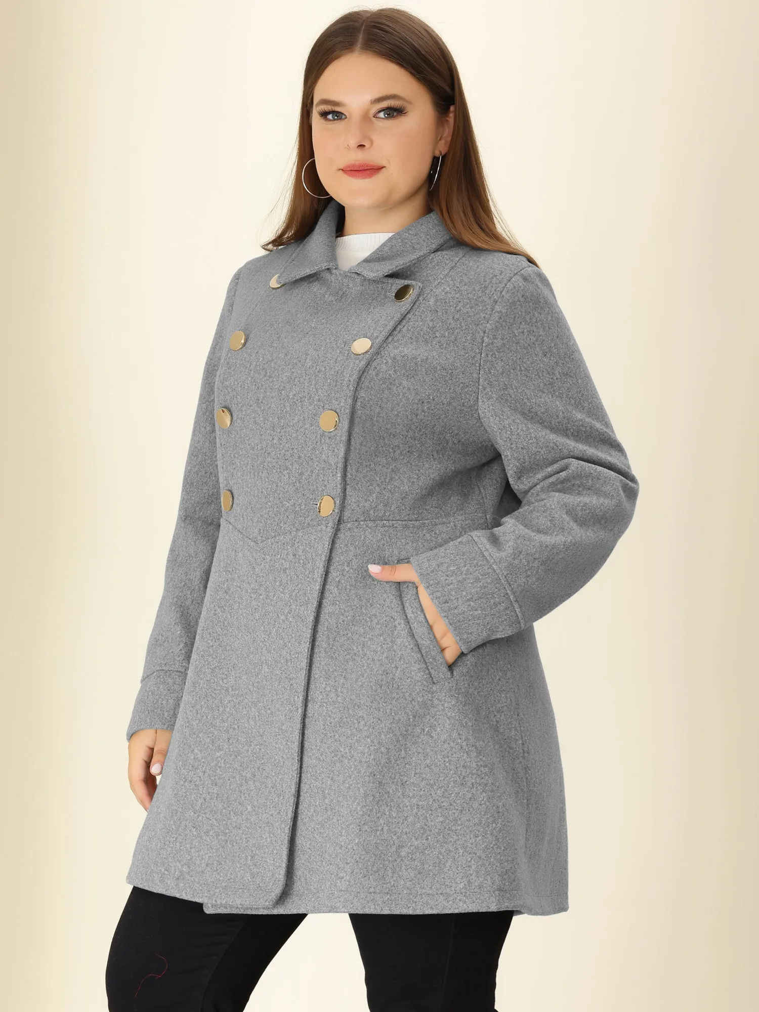 Plus Size A Line Turn Down Collar Double Breasted Coat