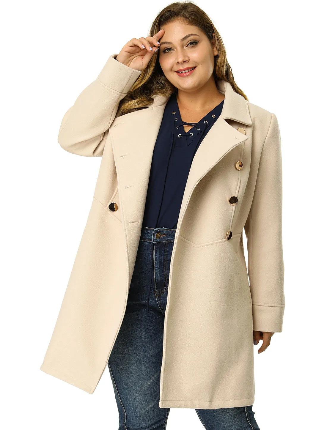 Plus Size A Line Turn Down Collar Double Breasted Coat
