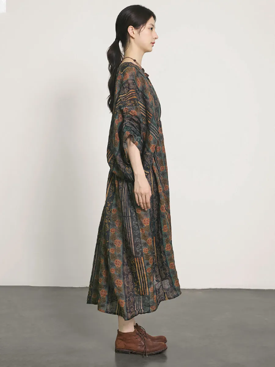 Plus Size Women Summer Artsy Print V-Neck Ramie Dress LL054