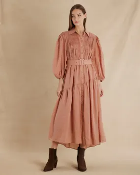 Poeta Ramie Pintuck Belted Dress - Blush