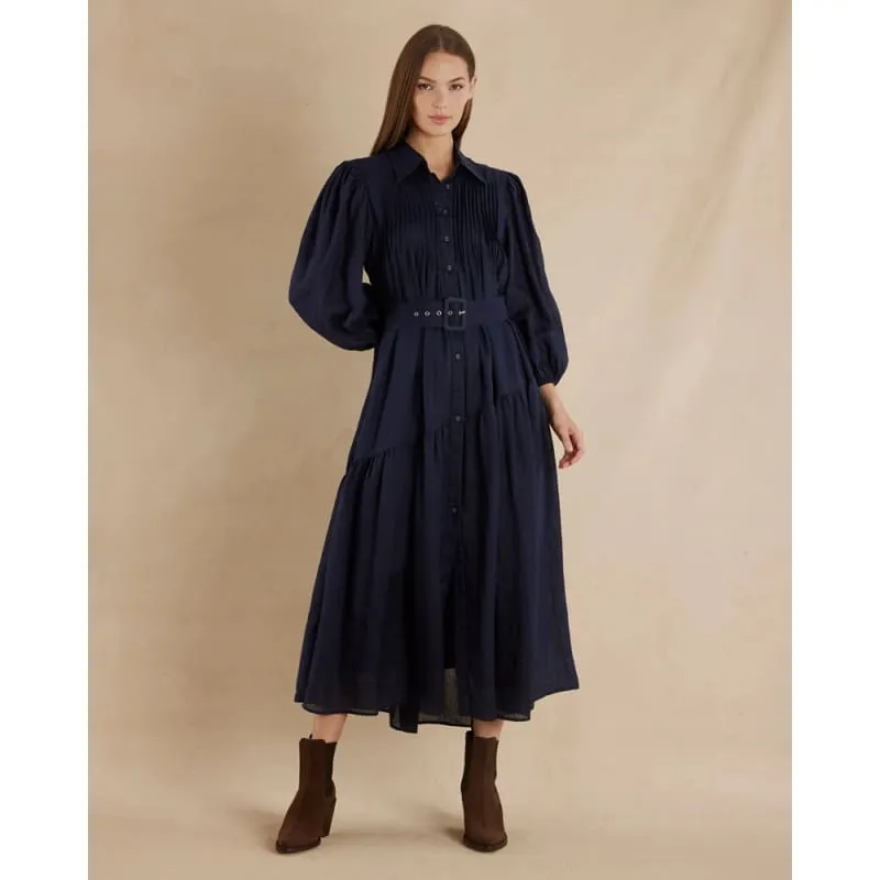 Poeta Ramie Pintuck Belted Dress | Navy