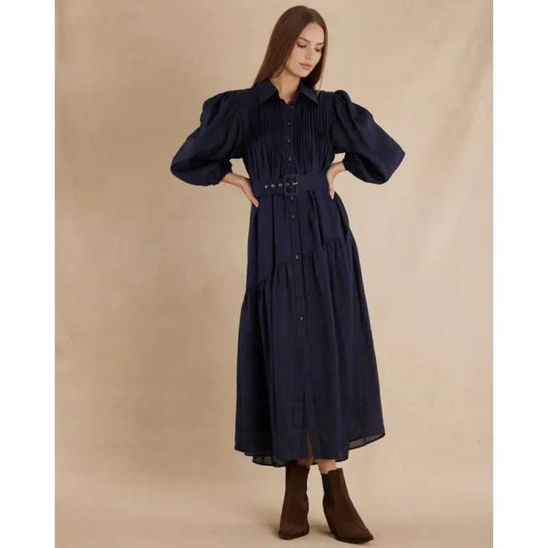 Poeta Ramie Pintuck Belted Dress | Navy