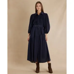 Poeta Ramie Pintuck Belted Dress | Navy