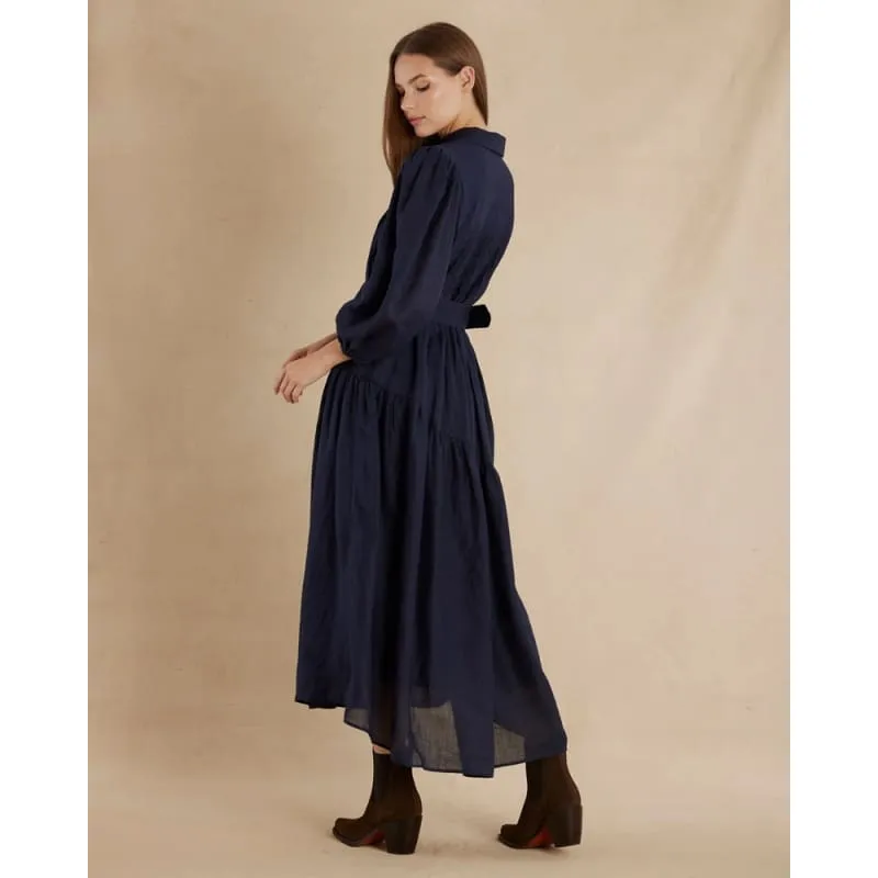 Poeta Ramie Pintuck Belted Dress | Navy