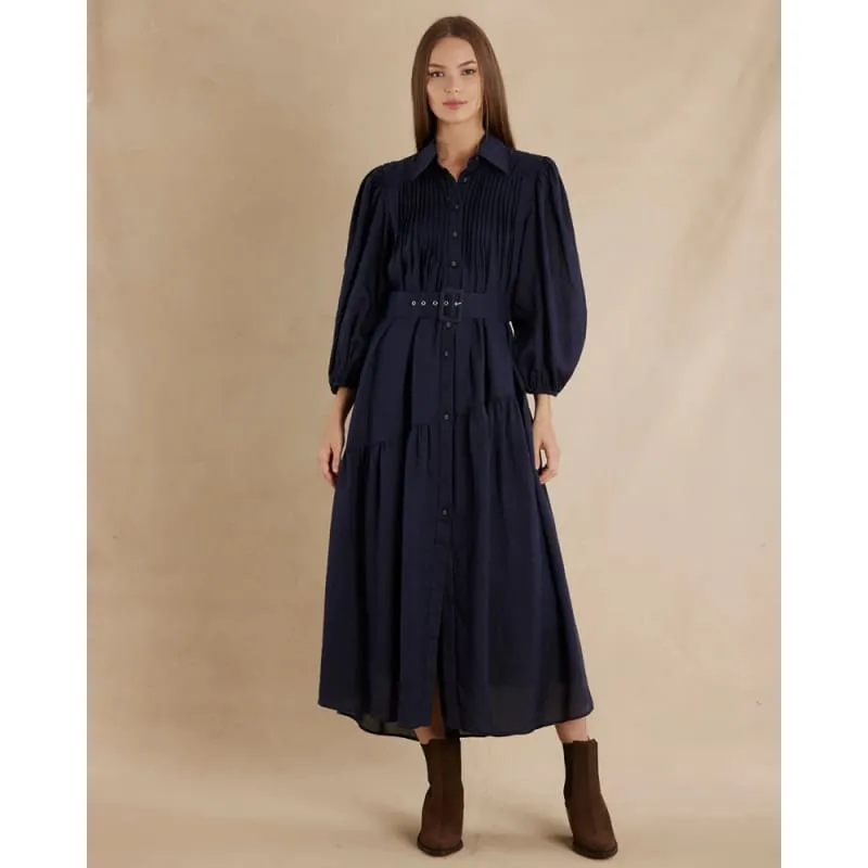 Poeta Ramie Pintuck Belted Dress | Navy