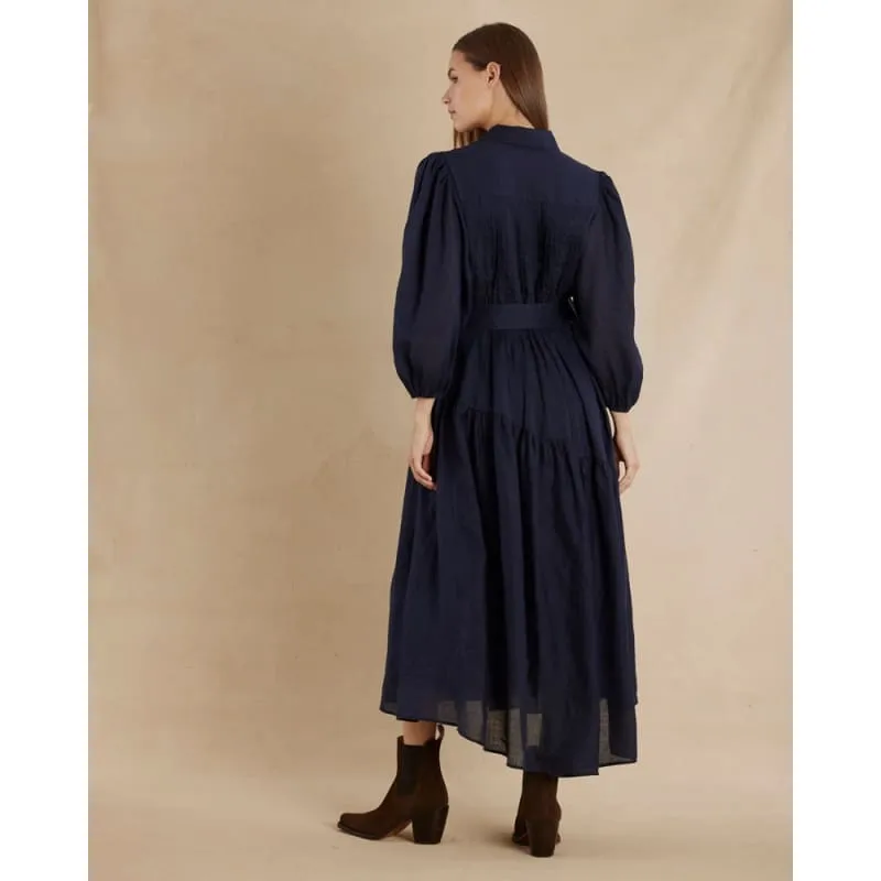Poeta Ramie Pintuck Belted Dress | Navy